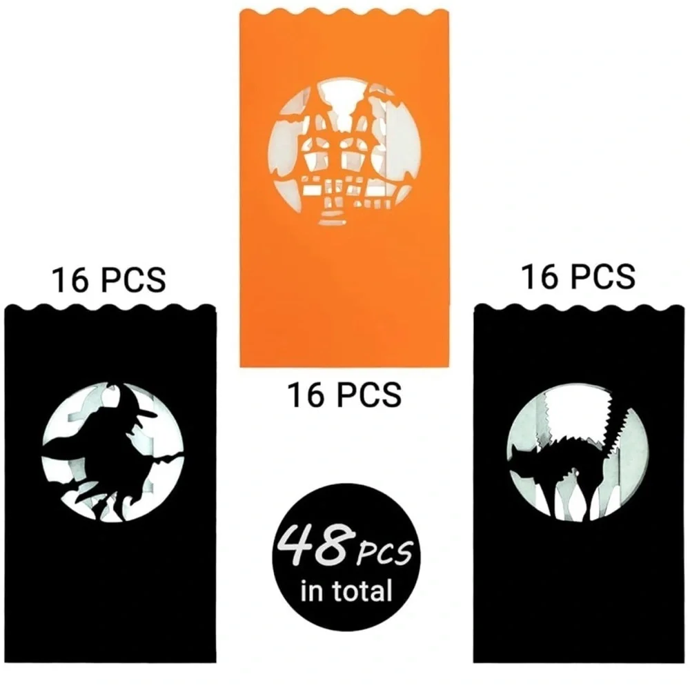 48 pc Halloween Luminary Bags Flame Resistant Witch Black Cat & Haunted House